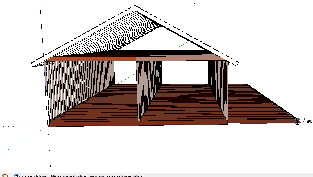 SketchUp model of the existing hip-roof frame of the house